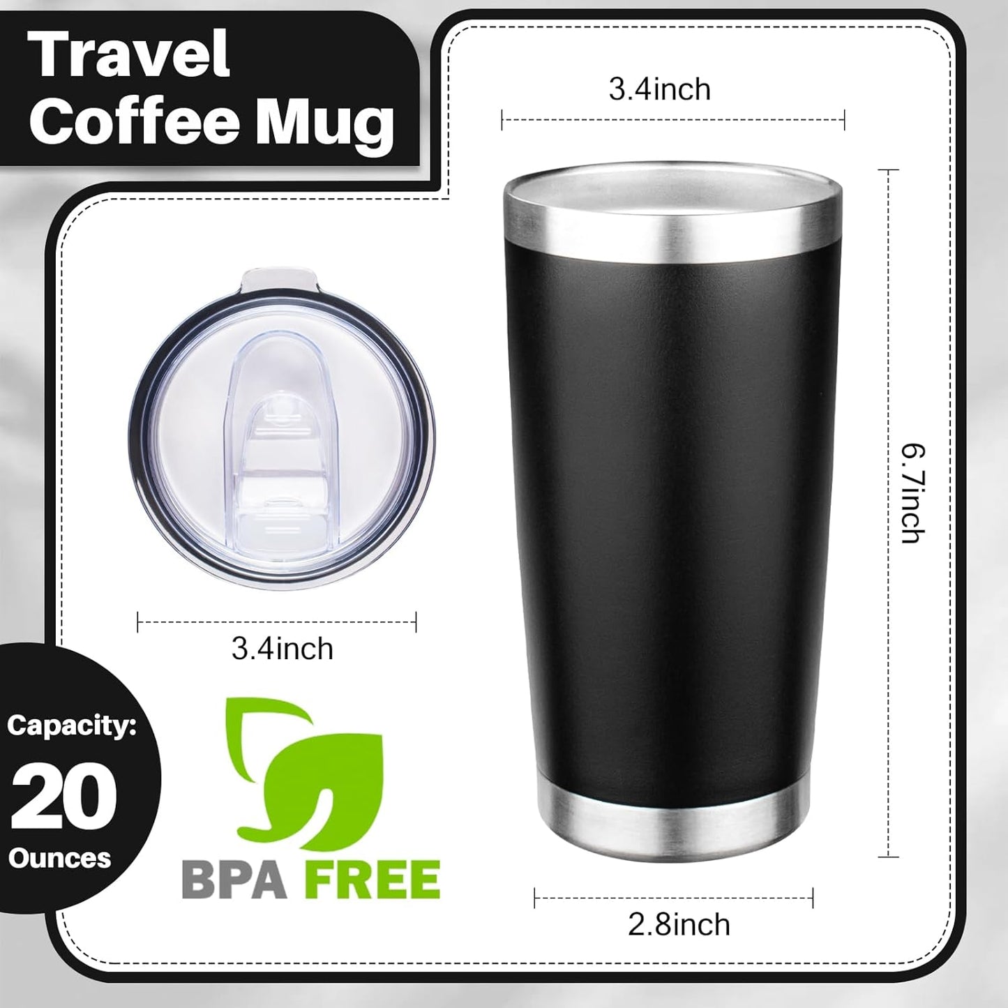 20oz Tumbler with Lid Double Wall Vacuum Insulated Travel Coffee Mug Stainless Steel Thermal Cup Powder Coated Sturdy Coffee Tumbler Bulk for Hot and Cold Beverage (Black,6)