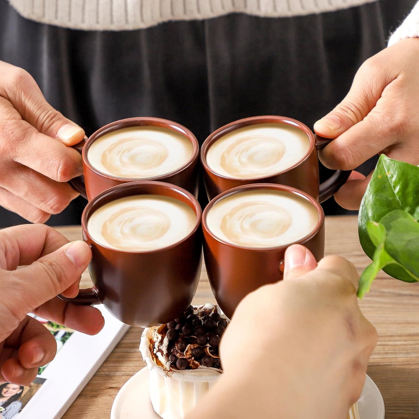 Hasense Stackable Porcelain Mini Espresso Cups and Saucers Set of 6, 4 OZ Ceramic Small Demitasse Espresso Shots Cups with Lids for Nespresso Lungo, Latte, Cafe Mocha and Tea, Brown