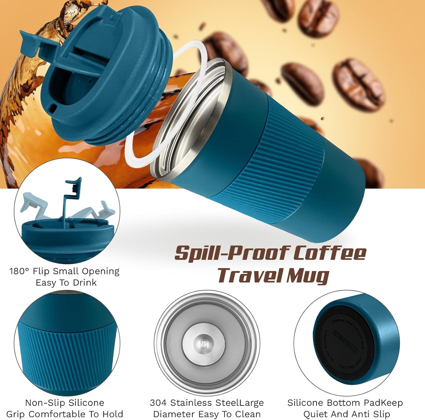 Vacuum-Insulated Stainless Steel Travel Coffee Mug, Leak-Proof Reusable Coffee Cup with Lid - Keep Hot & Cold Drinks for Hours, Durable Thermos Tumbler for Men & Women (3rd-Blue, 17OZ)