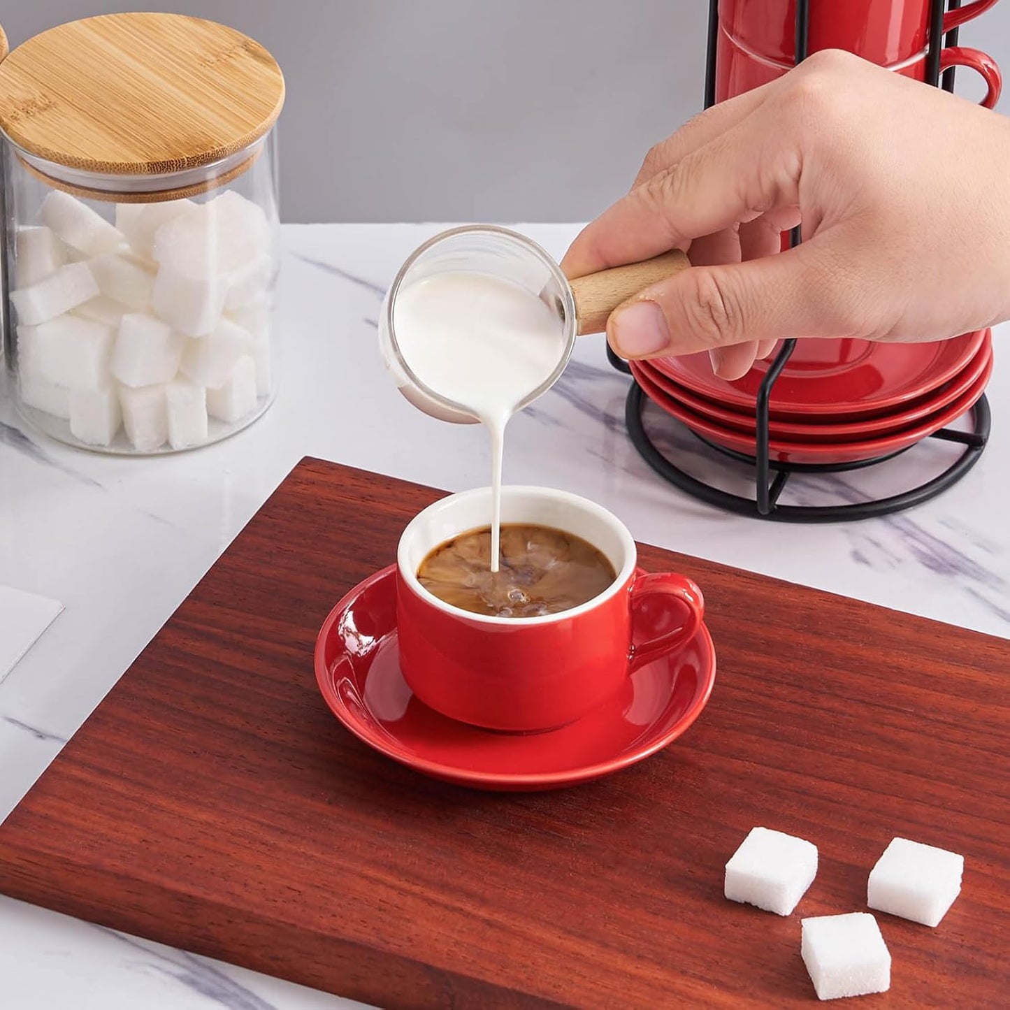 YOLIFE 2.5oz Porcelain Stackable Espresso Cups with Saucers and Metal Stand Set of 4, Stackable Cappuccino Cups, Red Expresso Shots Cup Set for Coffee Drinks, Latte, Tea
