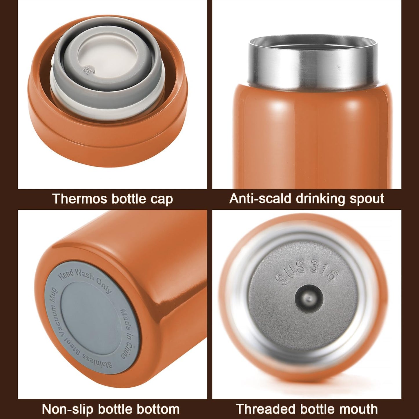 10oz Mini Water Bottle Stainless Steel Thermos Small Flask - Insulated Vacuum, Leak Proof, Keeps Drinks Hot/Cold - Ideal for Coffee, Tea, Water - Orange