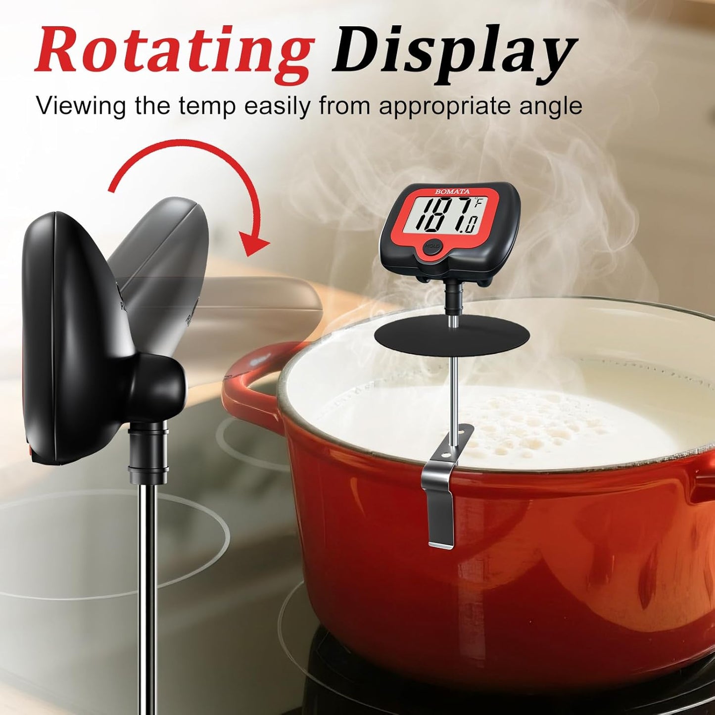 BOMATA Candy Thermometer with Pot Clip, Instant Read Cooking Thermometer with 8" Long Probe, Rotating Display, for Candy Making, Food, Candle Making, Liquids, Water, Baking, Sugar, Grilling. Black