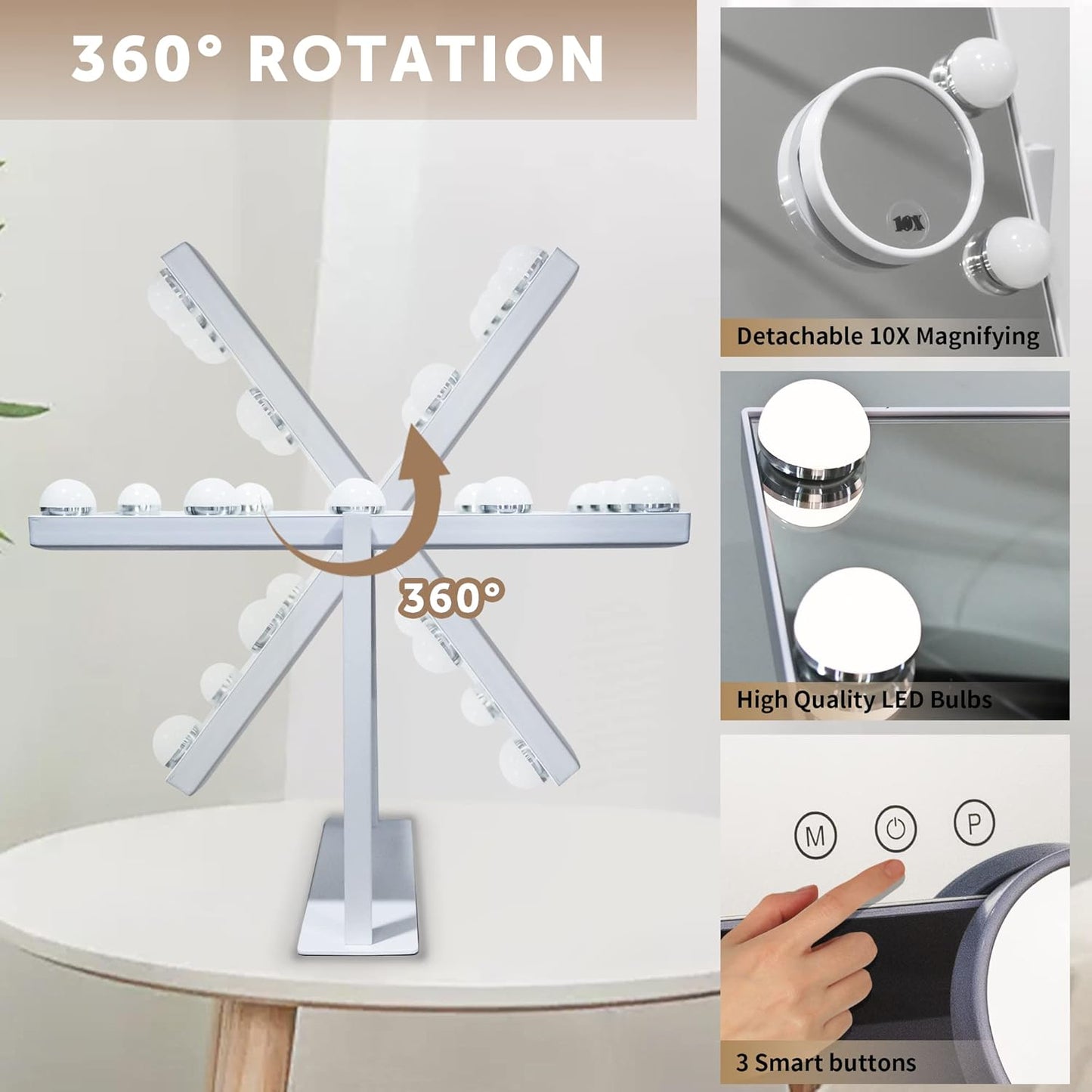 Hollywood Vanity Mirror with Lights, 12 Dimmable LED Bulbs Lighted Makeup Mirror with Detachable 10X Magnification Mirror, 1000mAh Rechargeable, 3 Color Lights, Touch Control