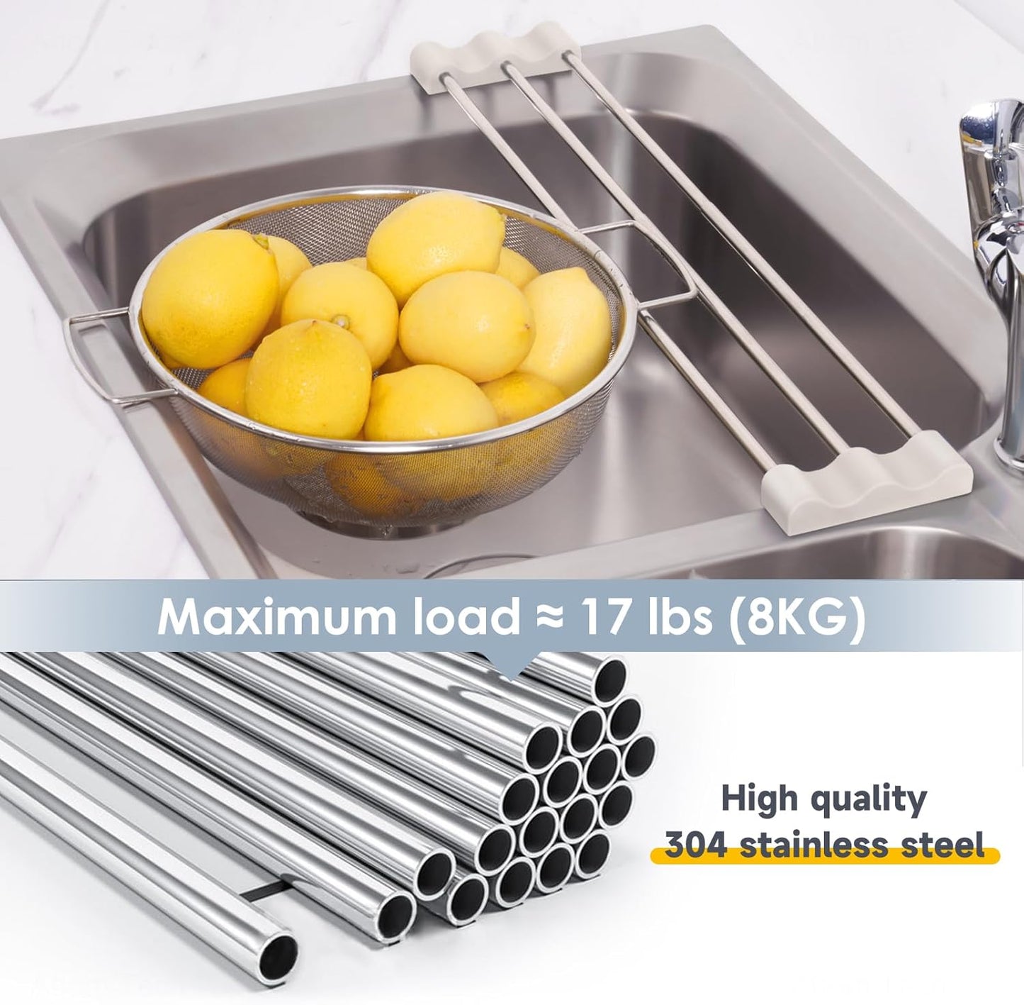 Tomorotec Adjustable Over-The-Sink Kitchen Rack for Dishcloths, Sponges, Bottles and Brushes - Heat-Resistant Stainless Steel with Slim, Expandable Design and Multifunctional Silicone Holder