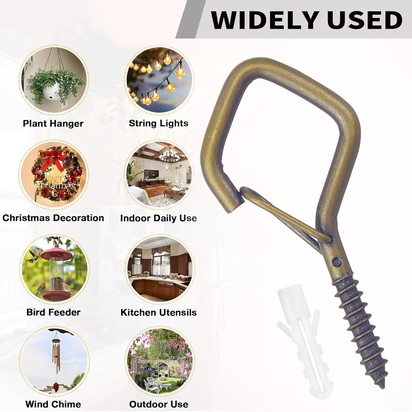 20PCS Eye Screw Hooks for Hanging Heavy Duty with Safety Buckle.Metal Ceiling Hooks for Hanging Plants,Cup,Wind Chime,Bird Feeders,String Lights at Indoor&Outdoor,2.36 Inch(No Drill Bit)