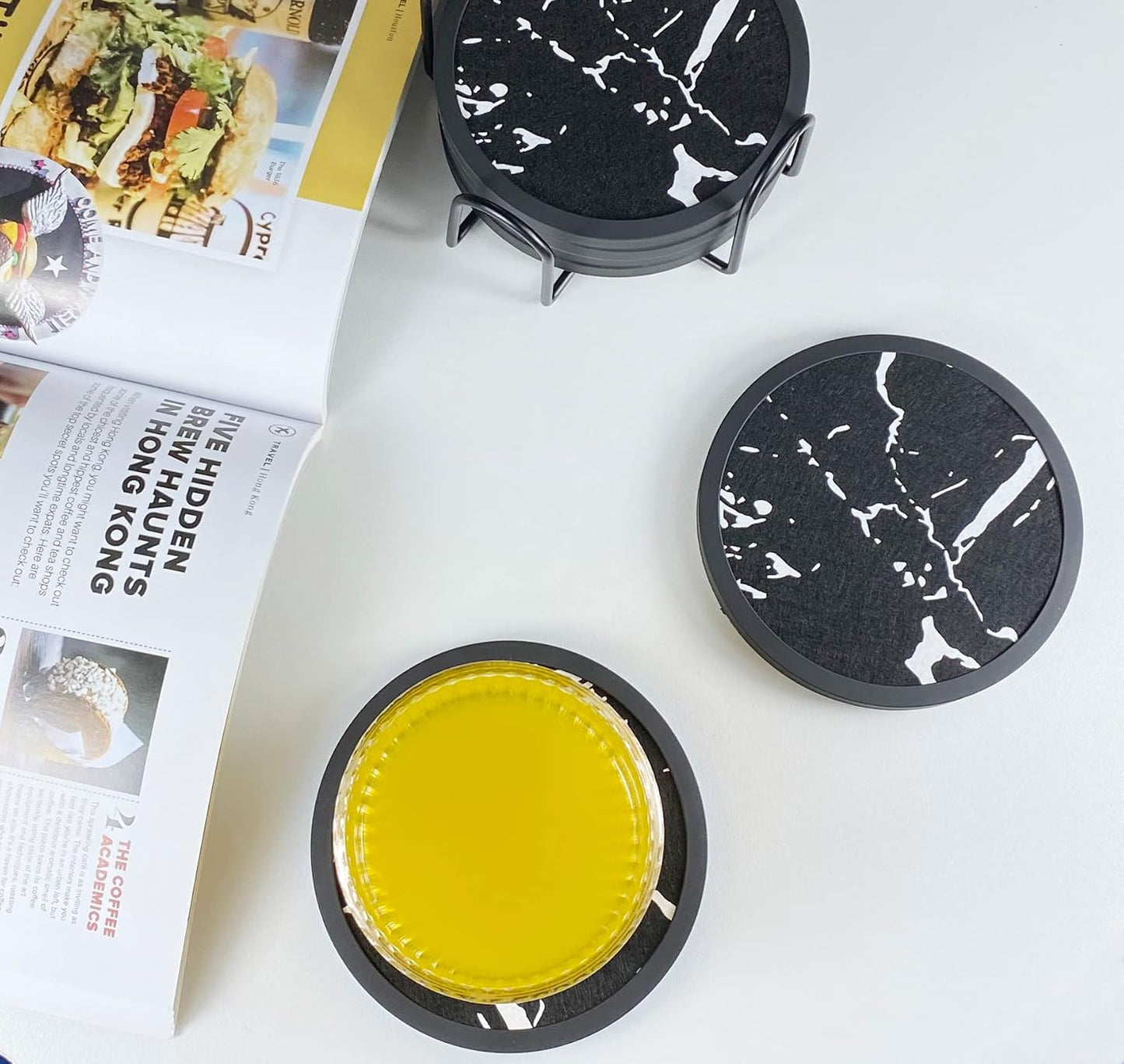 Absorbent Coasters for Drinks with Holder - 6packs, Silicone Coaster with Soft Felt Insert (4.5 inch Holder, Marble Pattern)