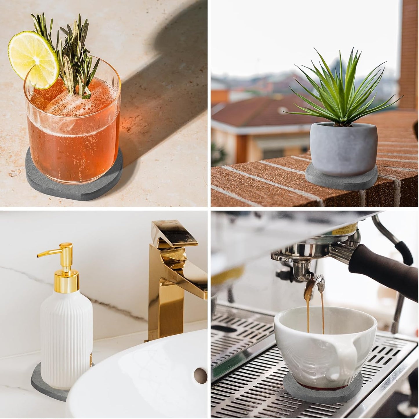 Instant Dry Stone Absorbent Diatomite Coaster Set of 4 for Drinks Wine Coffee, Modern Unique Cup Diatomaceous Earth Coasters for Coffee Table Office Desk, Deep Grey