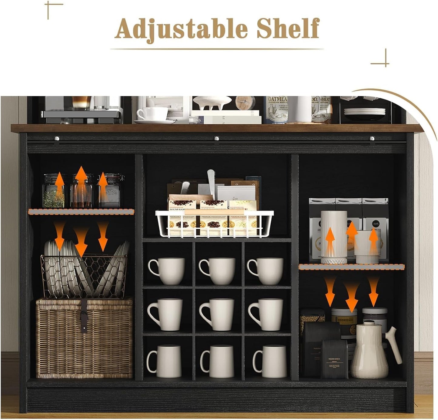 63" Farmhouse Coffee Bar Cabinet with Storage, Black Coffee Bar with Sliding Doors & Wine Racks, Hutch Cabinet with Storage, Adjustable Shelves, Wine Bar for Kitchen Living Dining Room, Black