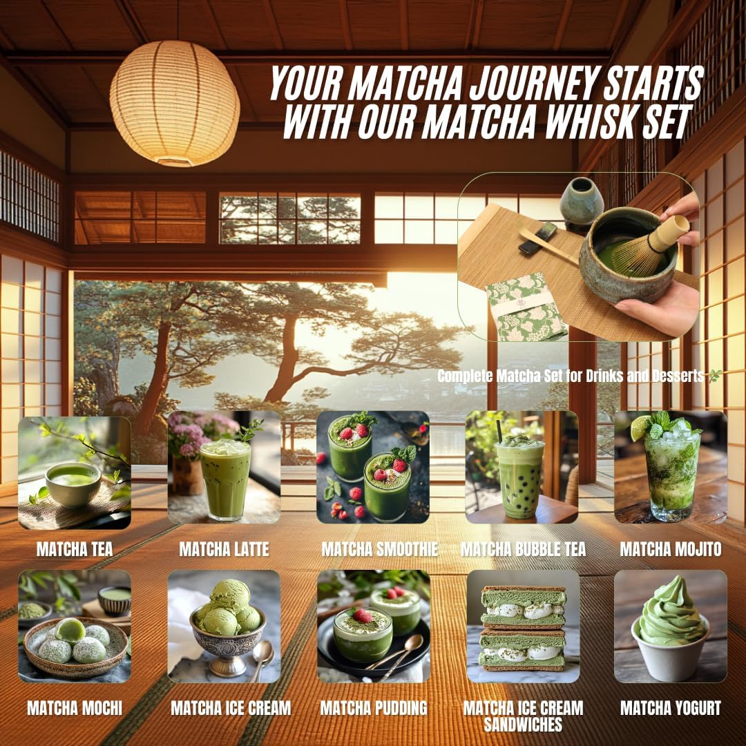 Annie & Mia Design Matcha Whisk Set (9pcs), Japanese Tea Matcha Set includes Ceramic Matcha Bowl, Bamboo Matcha Whisk(chasen), Ceramic Matcha Whisk holder, Bamboo Matcha Scoop (chashaku). Blue color