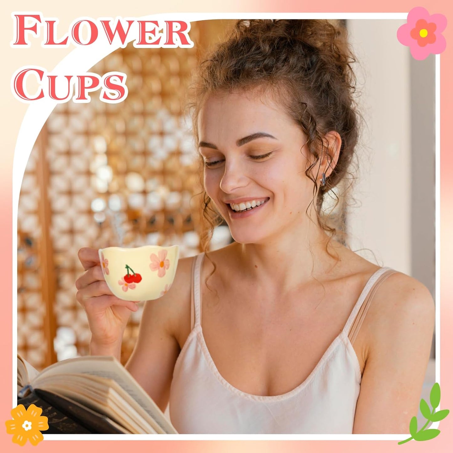 Ceramic Coffee Mug Vintage Flower Mugs 8 oz Cute Floral Coffee Mugs Irregular Latte Art Cup Lead-free Porcelain Cups for Cappuccino, Cocoa (Pink Cherry)