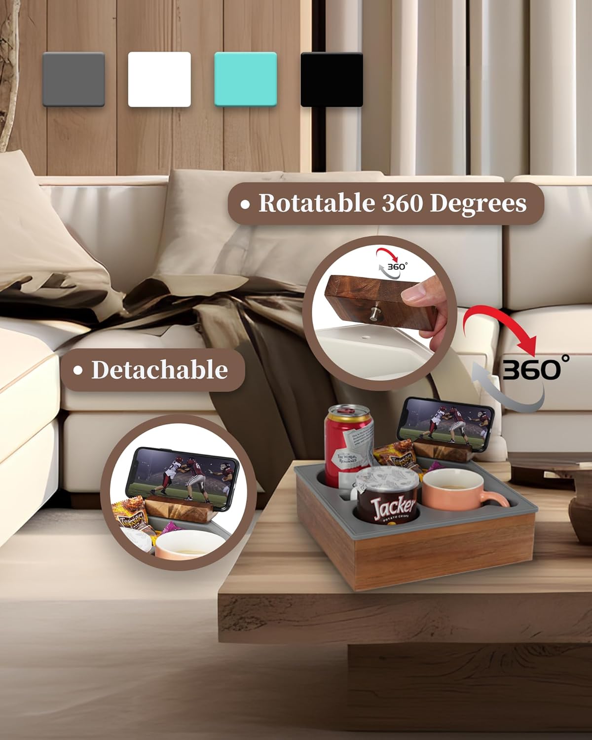 Couch Cup Holder Tray, Handy Soft Silicone Acacia Wooden Couch Caddy for Bed Car Seat Beach Organizer, Waterproof Anti-spill Couch Drink Holder for Snacks Beverage Remote (Gray)