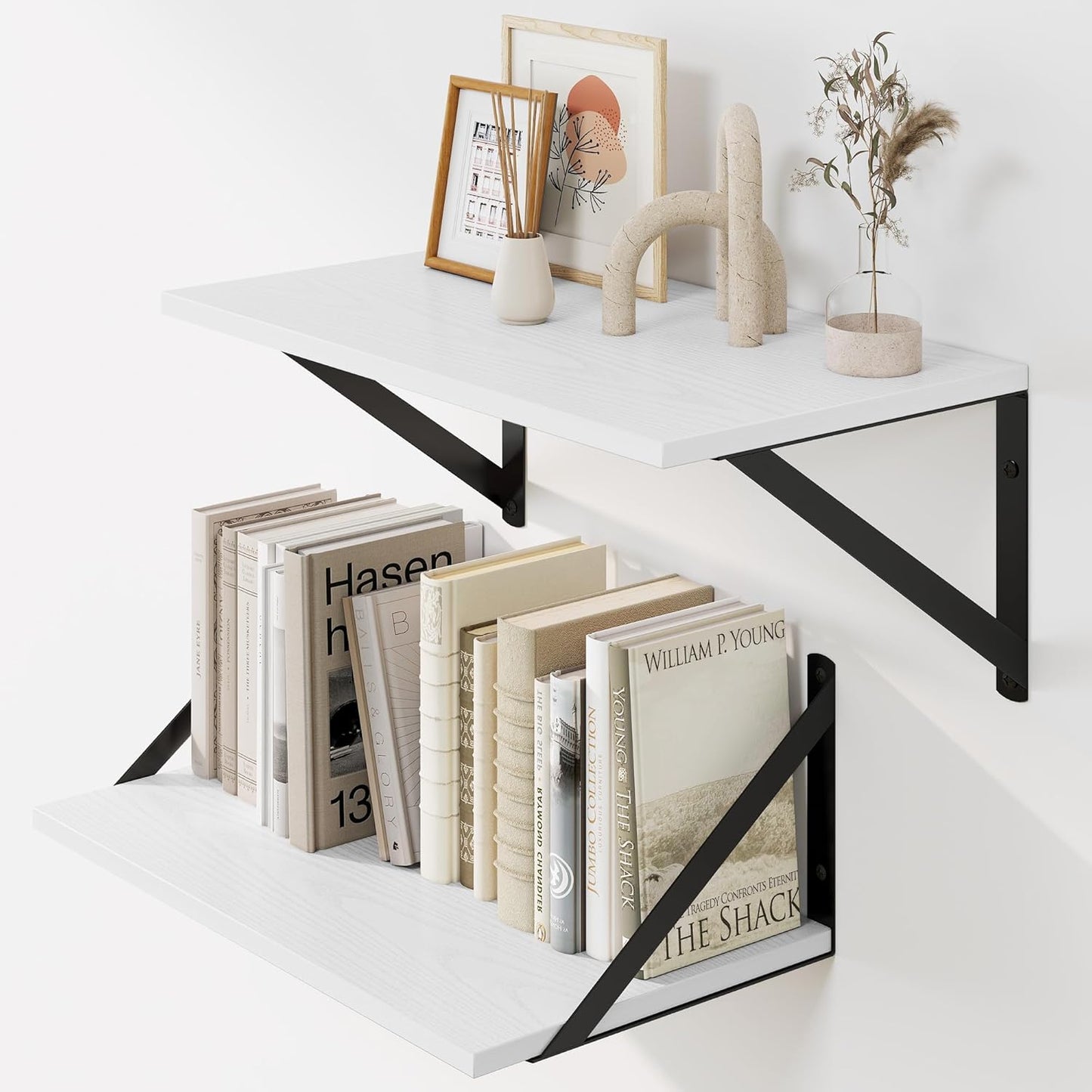 Heimlove White Deep Floating Shelves for Wall, 16W x 8D Wood Wall Shelves Set of 2, Wide Floating Bookshelf for Living Room, Kitchen, Office, Bedroom and Decor Storage, with Black Bracket - White