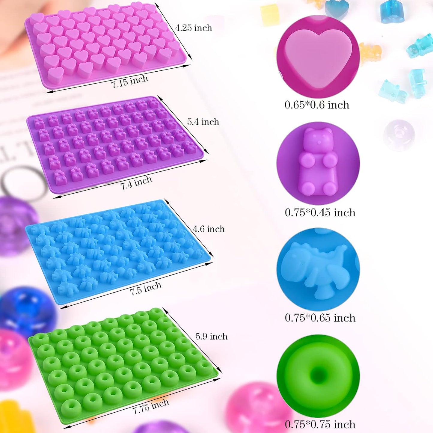 Sakolla Gummy Candy Molds Silicone with 2 Droppers Pack of 4 Mini Silicone Molds Including Dinosaur, Bear Shape, Hearts and Donut Gummie Chocolate Molds for Kids