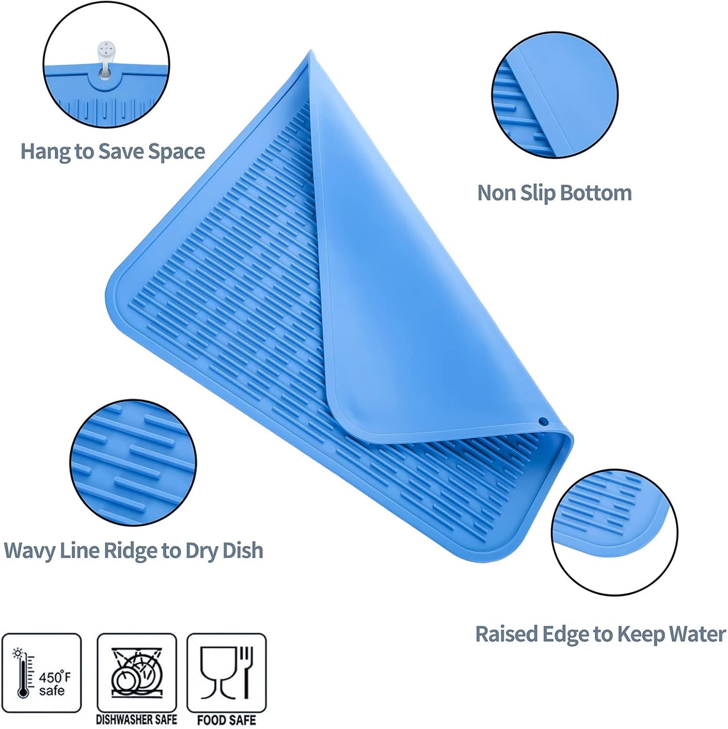 Silicone Dish Drying Mat for Multiple Usage,Easy clean,Eco-friendly,Heat-resistant Silicone Mat for Kitchen Counter or Sink,Refrigerator or Drawer Liner Lichen BlueL XL 18 inches x 16 inches