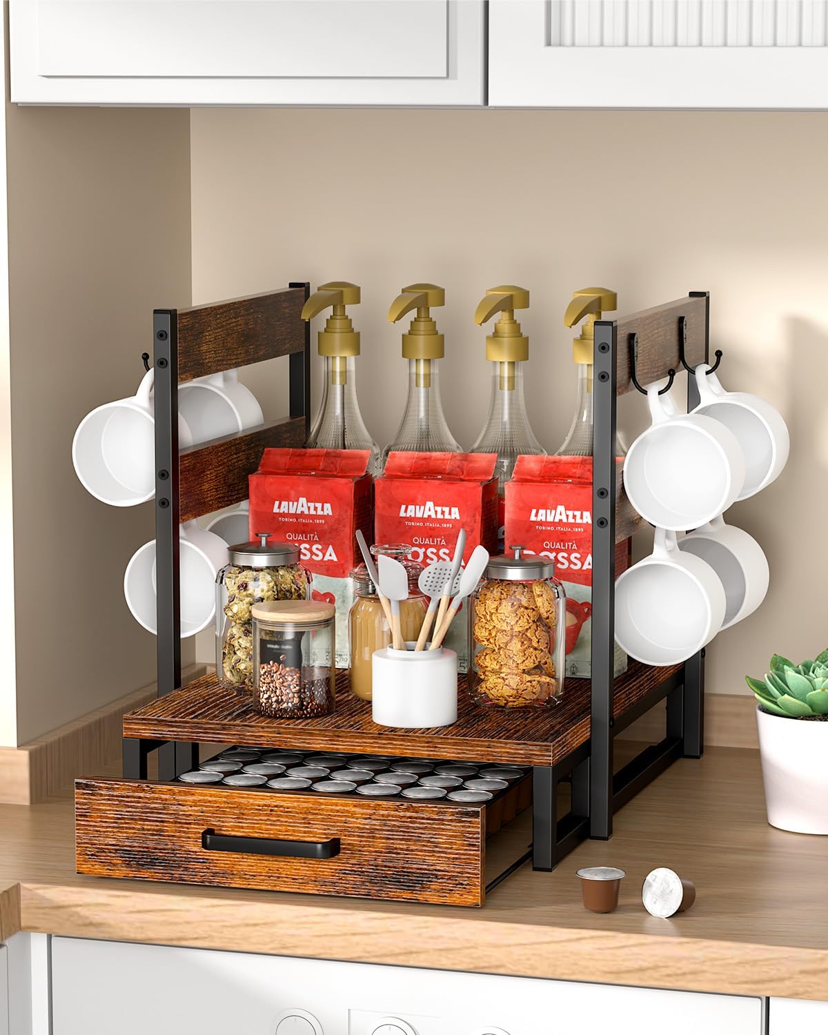 Coffee Pod Drawer Compatible with Nespresso Original Line, 63 Pods Coffee Organizer with Cup Holder, Durable Coffee Maker Stand with Storage Drawer, Rustic Brown