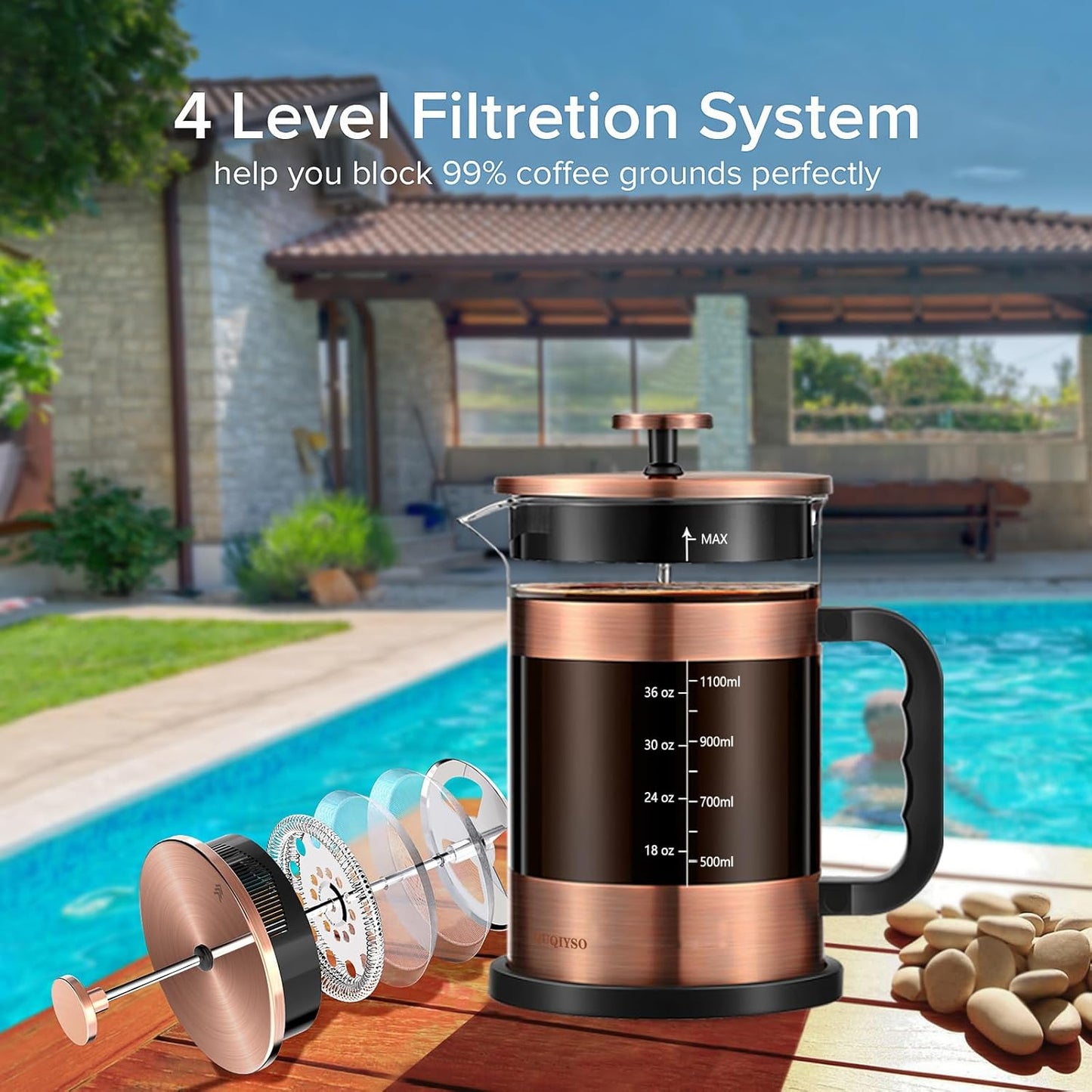 QUQIYSO French Press Coffee Maker 51oz 304 Stainless Steel French Press with 4 Filter, Heat Resistant Durable, Easy to Clean, Borosilicate Glass Coffee Press, Copper