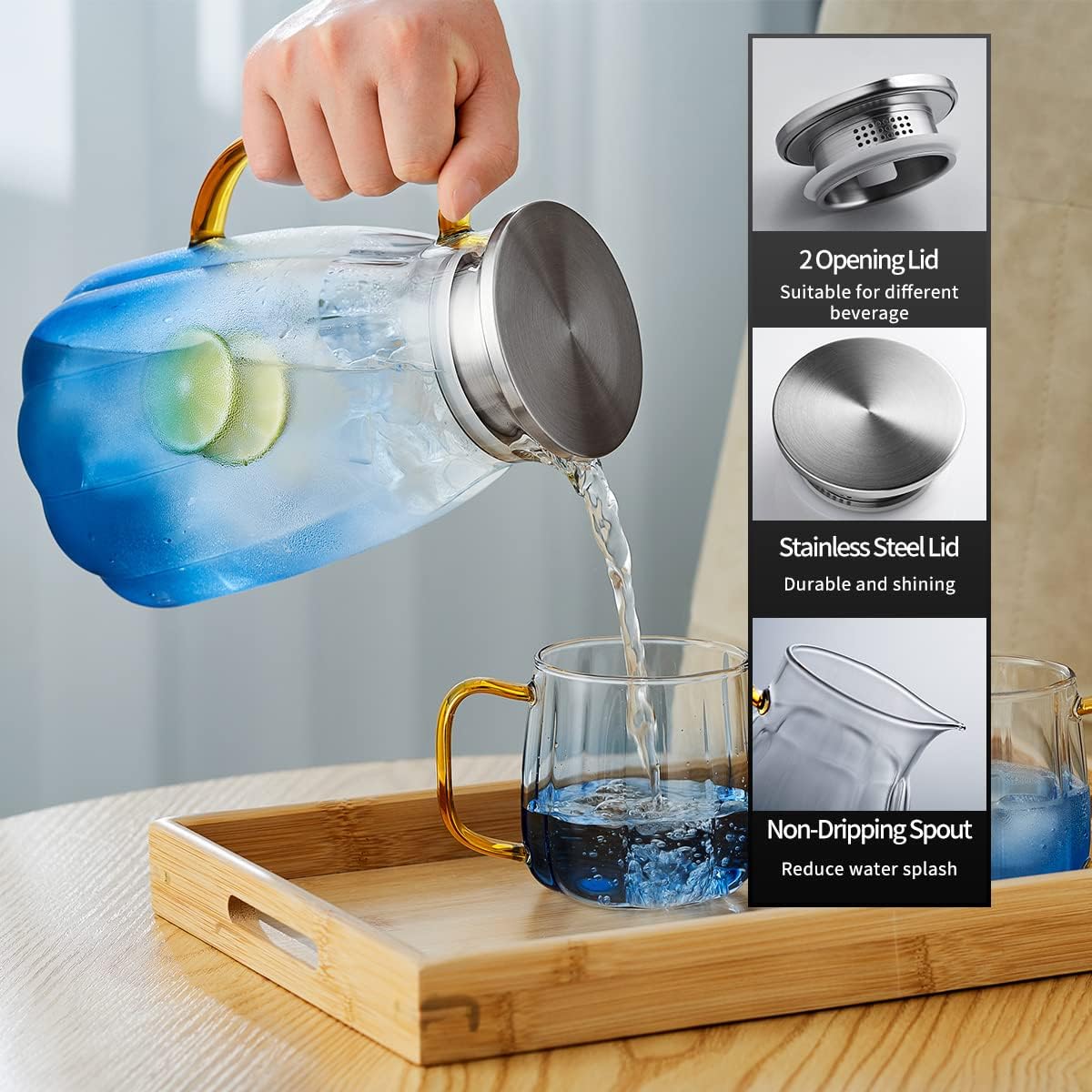 68OZ Glass Pitcher with Lid and Spout, Water Jug, 2000ml Carafe for Hot/Cold Water, Large Iced Tea Pitcher for Coffee, Juice and Homemade Beverage