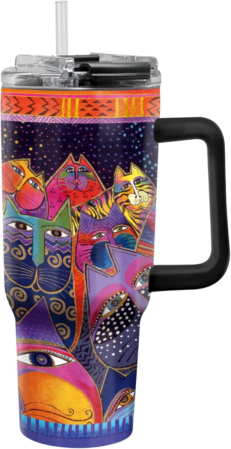 RainCaper 18/8 Stainless Steel Insulated Water Tumbler with Straw | 30oz, BPA-Free, Double Wall for Hot & Cold | Travel-Friendly, Cup Holder Ready (Laurel Burch Fantasticats)
