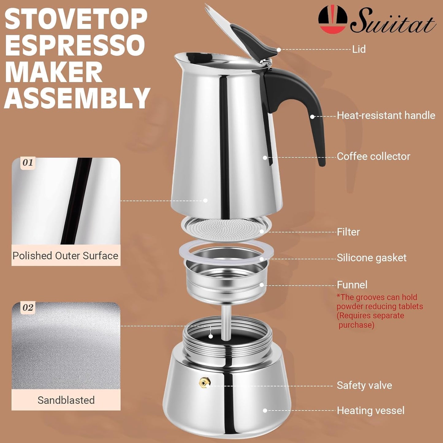 Moka Pot, 9 Cups (15.9 oz) Stovetop Espresso Maker, 304 Stainless Steel Moka Pot, Induction Compatible, Silver