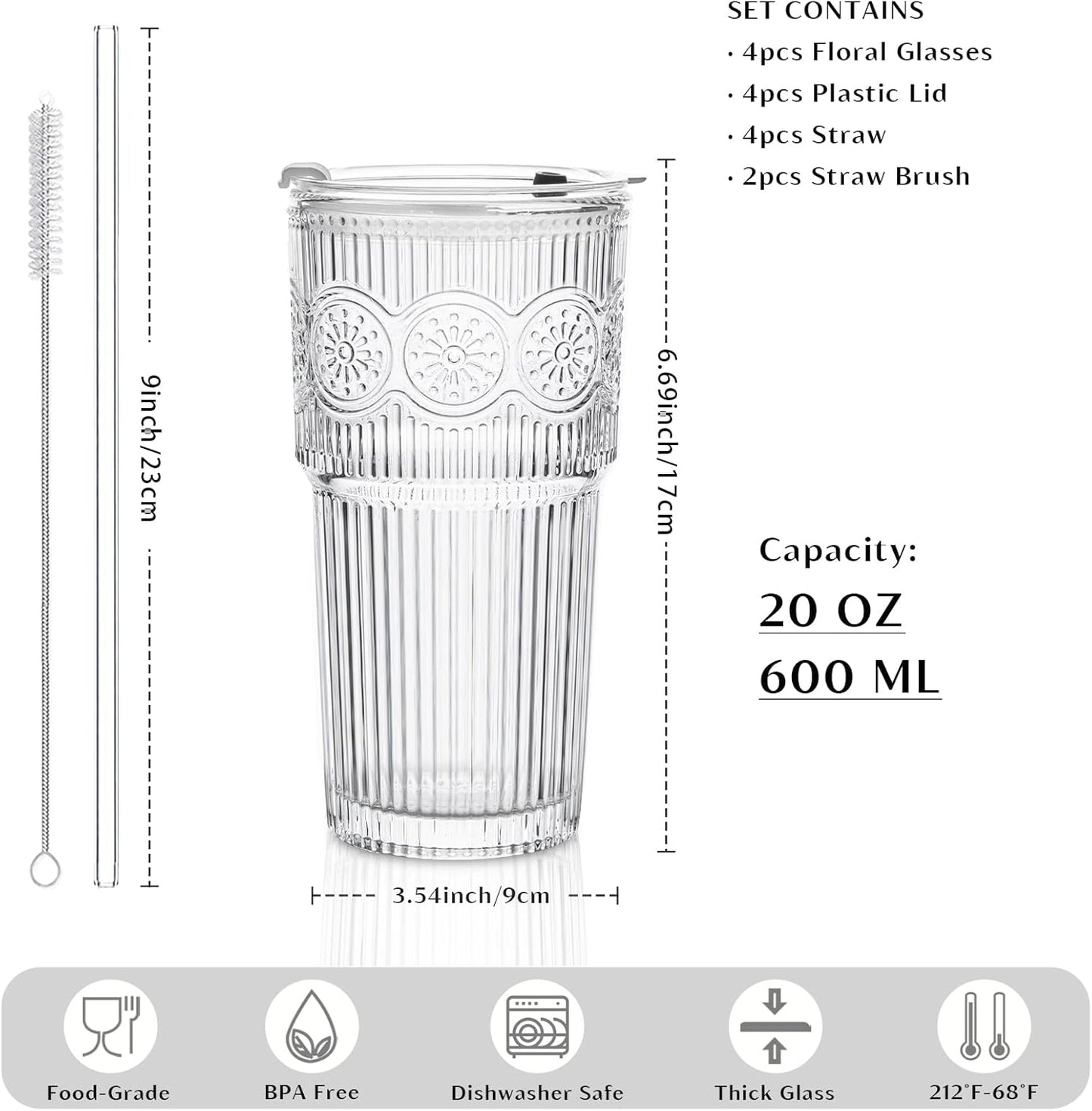 INSETLAN 20oz Ribbed & Floral Glass Tumblers with Lids and Glass Straws, Set of 4 – Iced Coffee Cups, Reusable Drinking Glasses for Water, Smoothies, Tea, and Juice – Perfect for Travel & Daily Use