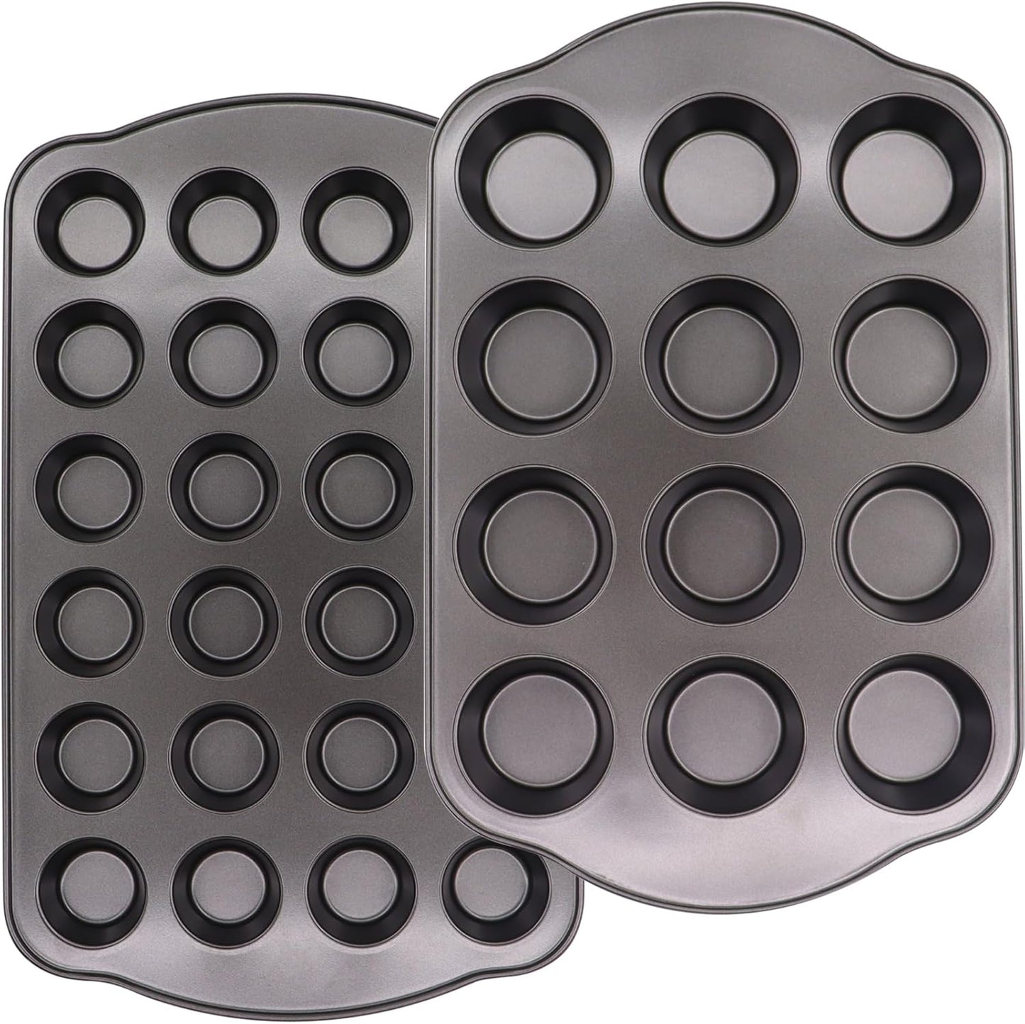 12+24 Muffin Pan Set (2 Pack) - Nonstick Cupcake Tins Dark Gray | Heavy Duty Carbon Steel, Rustproof, Oven Safe Baking Gift