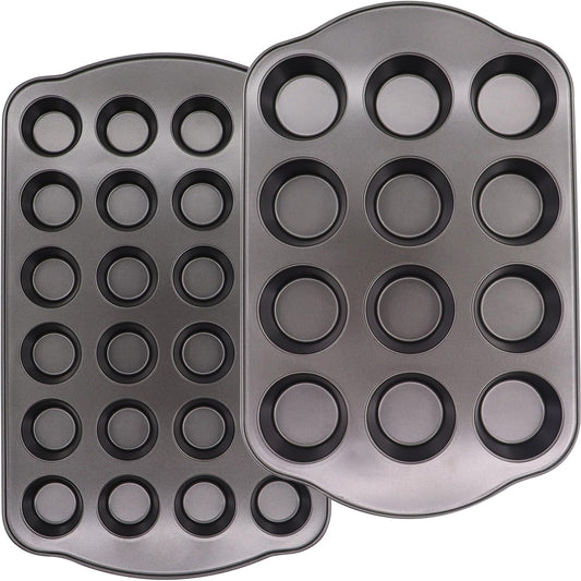 12+24 Muffin Pan Set (2 Pack) - Nonstick Cupcake Tins Dark Gray | Heavy Duty Carbon Steel, Rustproof, Oven Safe Baking Gift