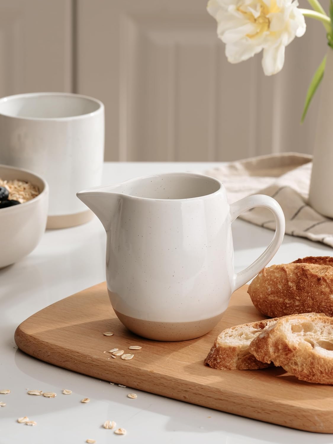 famiware Milkyway 13oz Creamer with Handle, Ceramic Coffee/Milk/Sauce/Serving/Salad Pitcher Jug, Stoneware Maple/Syrup Dispenser, Milk Frother Cup, Microwave and Dishwasher Safe, White