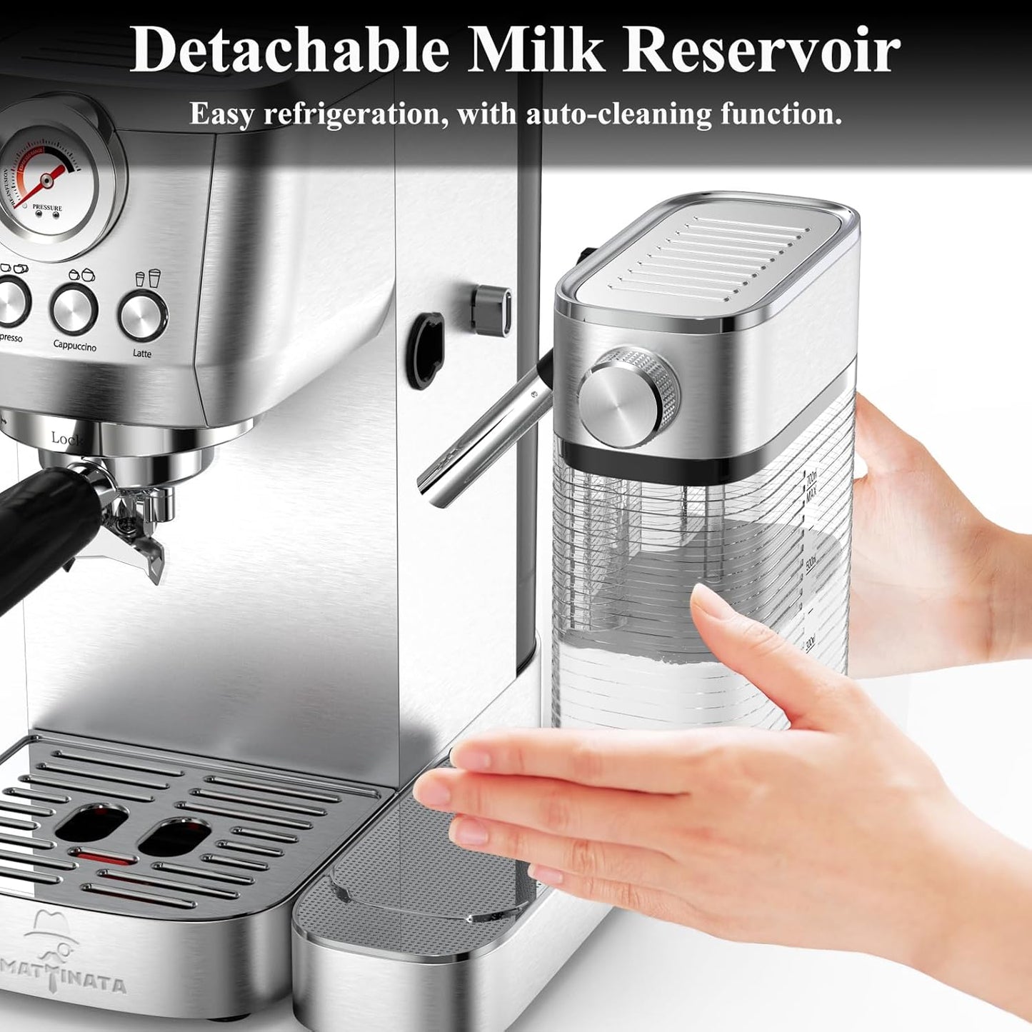 Cappuccino Coffee Machine with Automatic Milk Frother, Compact Espresso Machine with Pressure Gauge, Stainless Steel Cappuccino Maker with for Home, Office