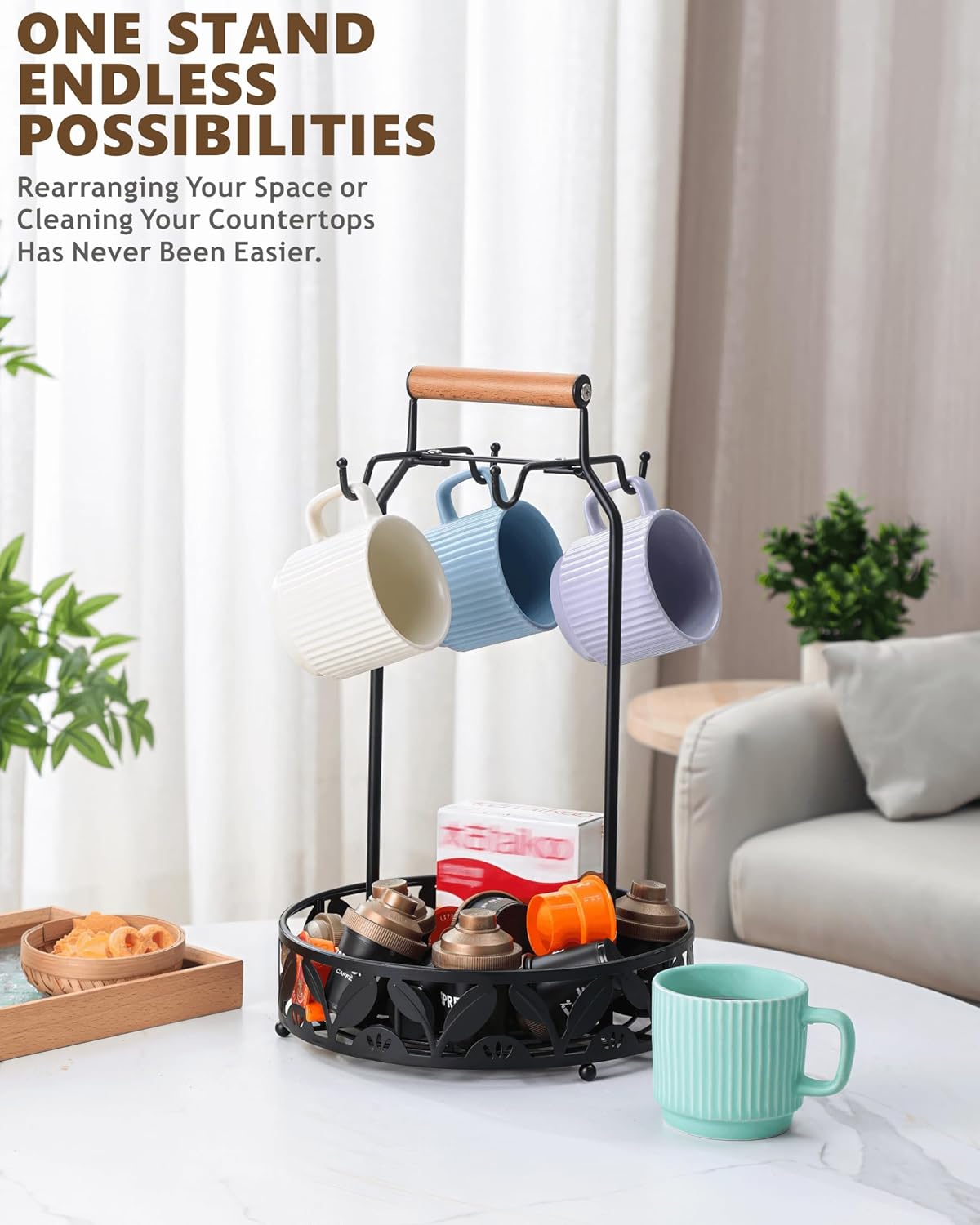 Mug Holder for Countertop, 2-in-1 Mug Tree for Large Mugs & Coffee Cup Stand with Storage Basket - Mug Rack & Organizer for Coffee Bar Accessories