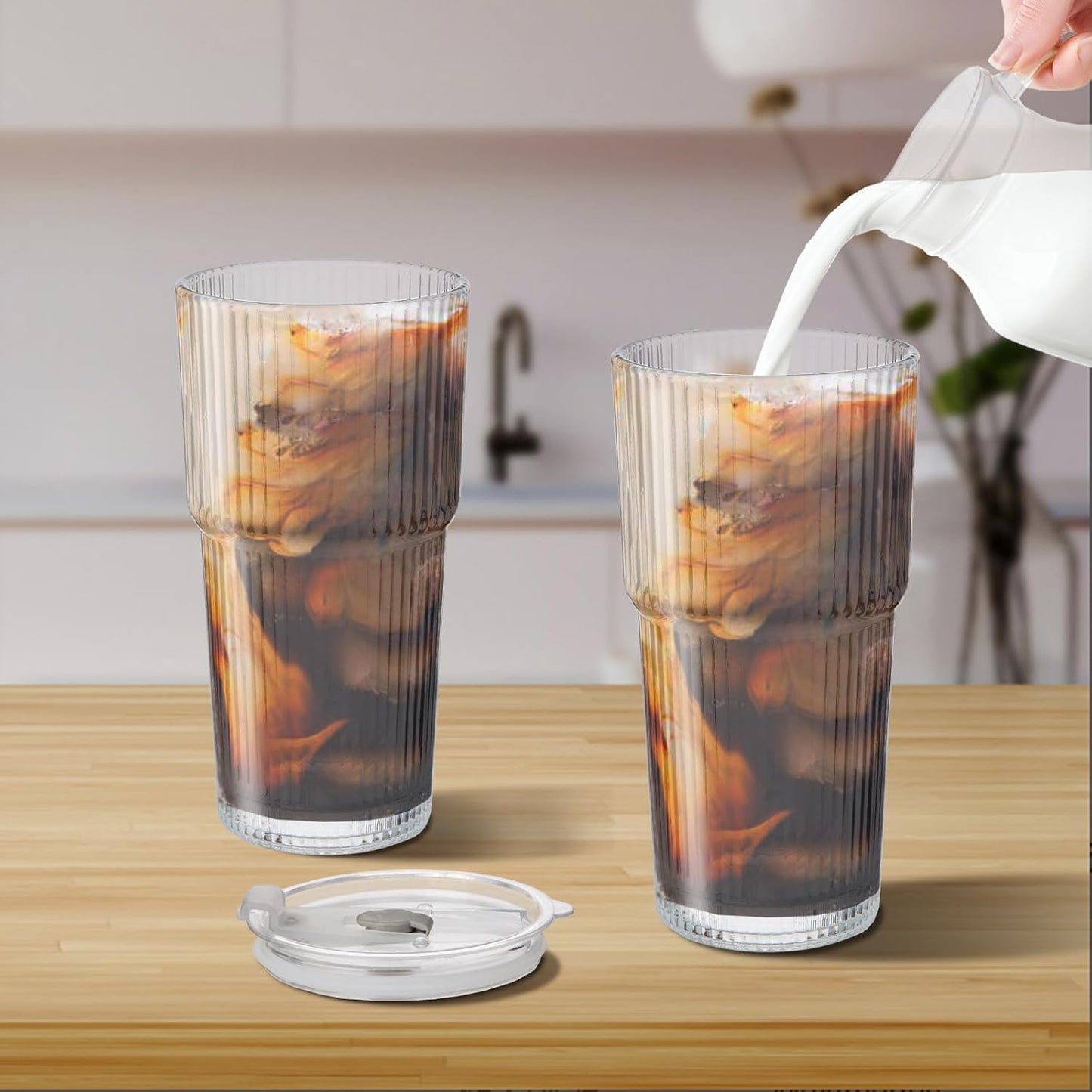 20oz Ribbed Glass Cups with Lids and Straws 4 Set, Vintage Glassware for Whiskey Cocktail Beer, Glass Tumbler, Iced Coffee Cups For Cold Drinks, Smoothie, Juice,Drinking (4)