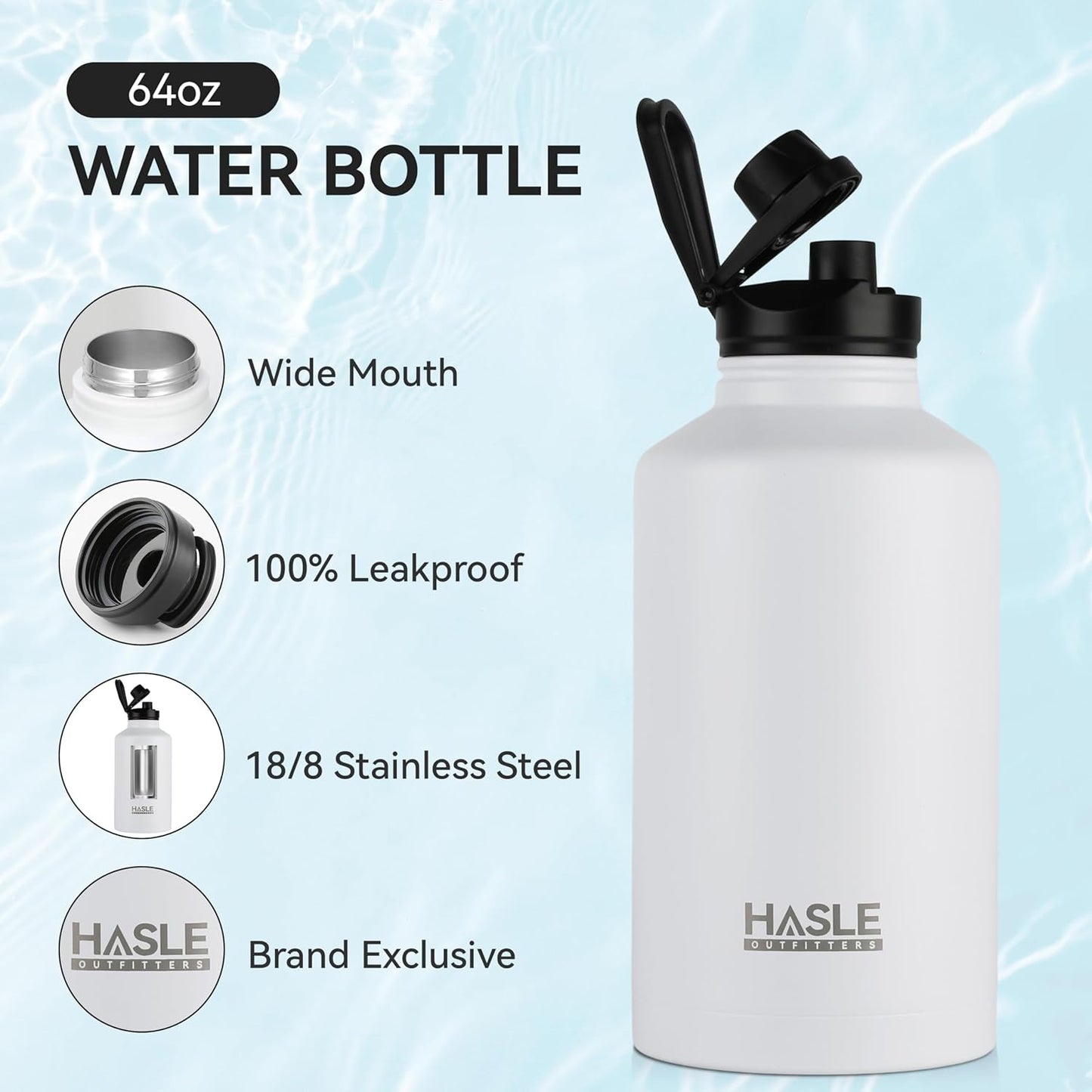 HASLE OUTFITTERS Half Gallon Insulated Water Bottles 64 oz, Stainless Steel Metal Water Jug with 2 Lids Keep Cold 48h/Hot 24h, Leak Proof & BPA-Free Water Flask Jug(White,1)