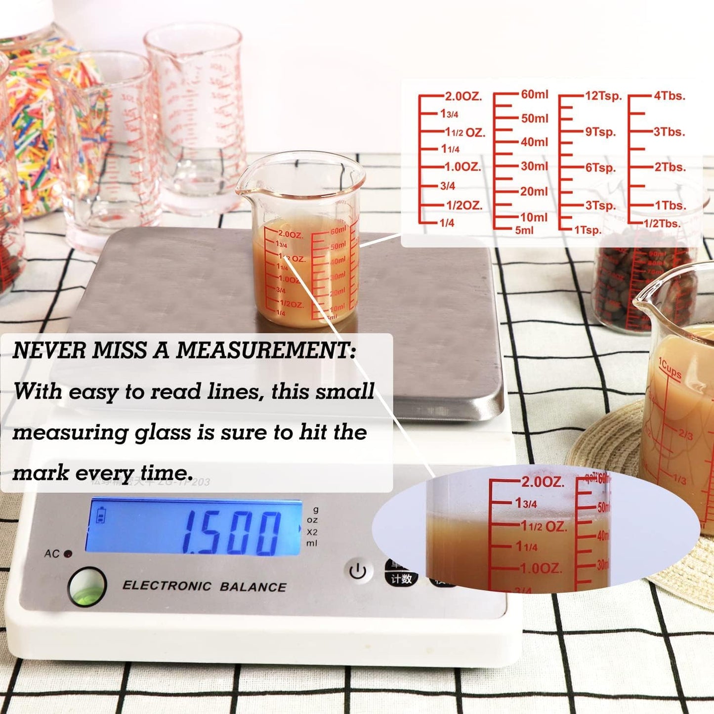 High Borosilicate Glass Measuring Cup-V-Shaped Spout，Glass Measuring Beaker for Kitchen or Restaurant, Easy to Read, 60 ML (2 Oz)-Pack of 2