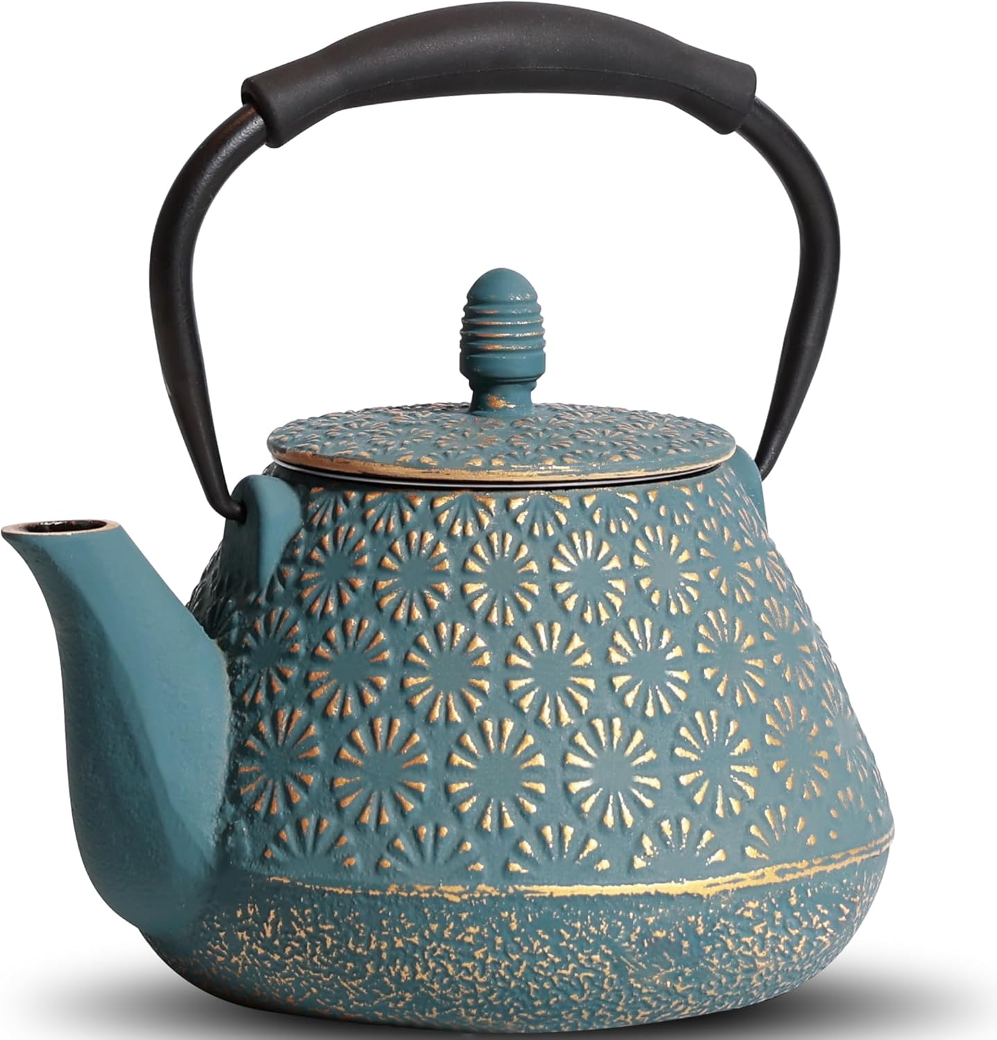 Cast Iron Teapot, 32oz Tea Kettle with Infuser for Stove Top, Sakura Blossom Pattern Japanese Tea Pot for Tea & Coffee Coated with Enameled Interior, Silicone Handle 950ml Blue