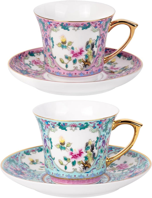 KAMMAK Tea Cups and Saucers Set of 2, Porcelain Coffee Cups with Saucer for Espresso, Cappuccino, 8oz Vintage Pink and Blue Ceramic Demitasse Mug for Home, Tea Party, Office