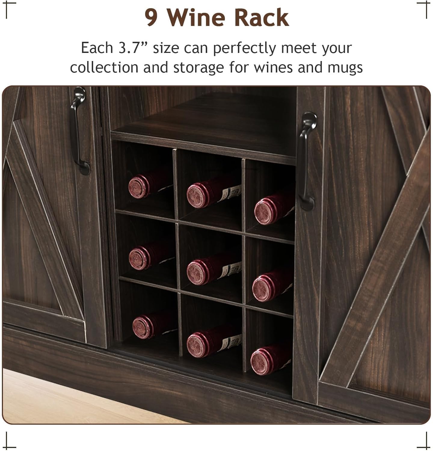4ever2buy 72" Farmhouse Coffee Bar Cabinet with 2 Glass Doors & 9 Wine Racks, Tall Hutch Cabinet with Storage, Wine Bar with 4 Row Metal Glass Holder, Dark Oak