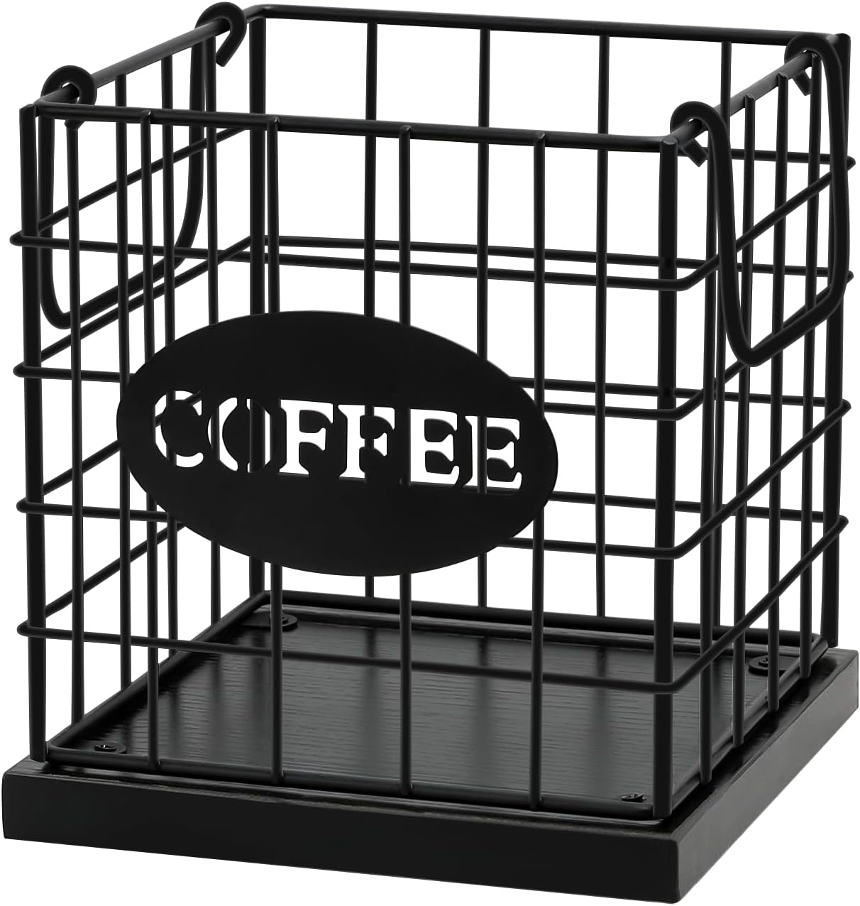Coffee Pod Holder Organizer,Large Capacity K Cup Holder Organizer, Storage Basket for Kitchen Countertop Office Coffee Bar with Wooden Base(Rustic Black-Square)