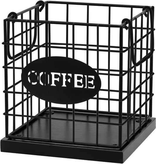 Coffee Pod Holder Organizer,Large Capacity K Cup Holder Organizer, Storage Basket for Kitchen Countertop Office Coffee Bar with Wooden Base(Rustic Black-Square)