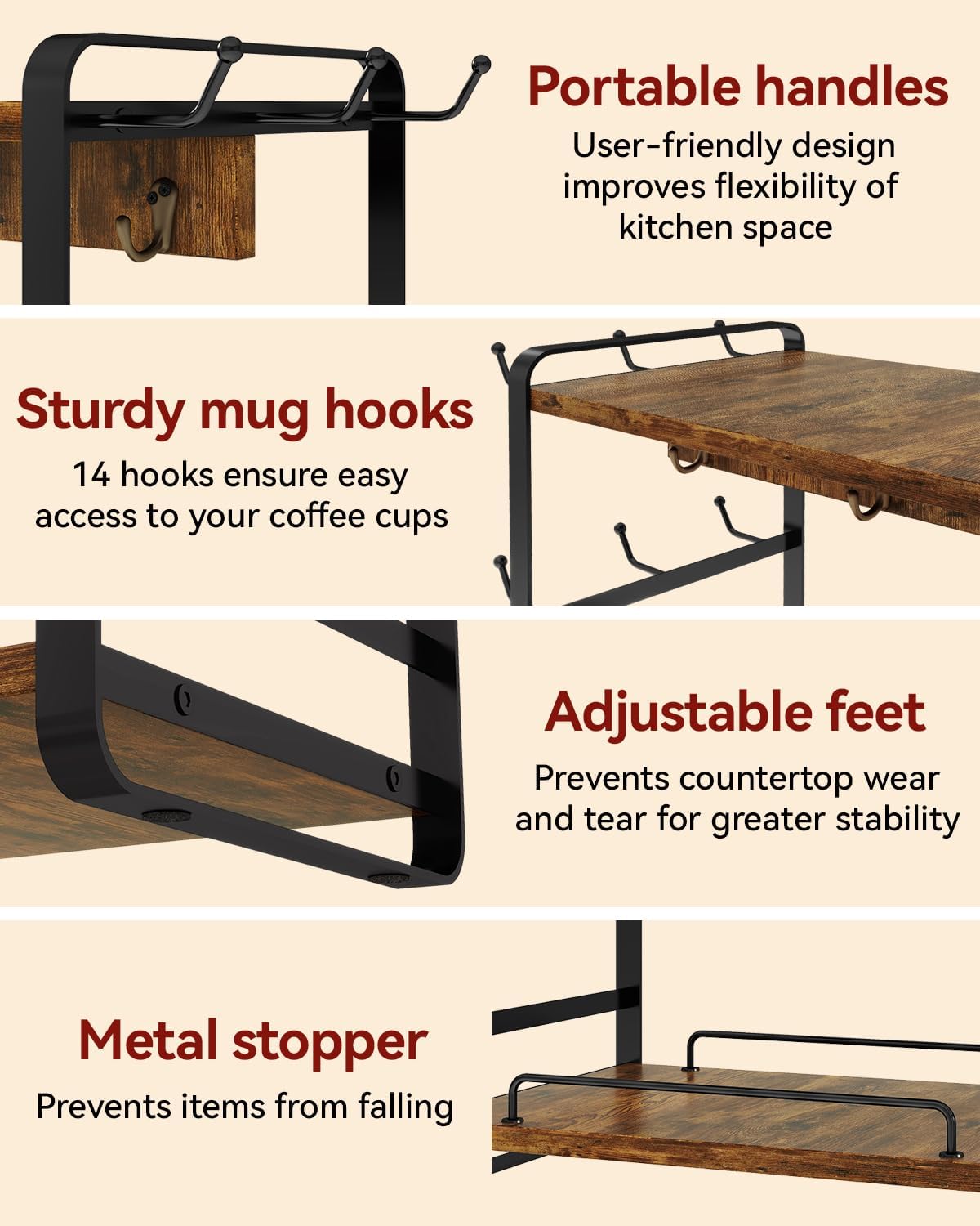 IBUYKE Coffee Bar Station Countertop Organizer,2 Tier Kitchen Mug Cup Holder Stand,Wooden Coffee Mug Organizer with 18 Hooks,Multifunctional Mug Tree for Home Kitchen, Office,Vintage Brown UTBJ006H