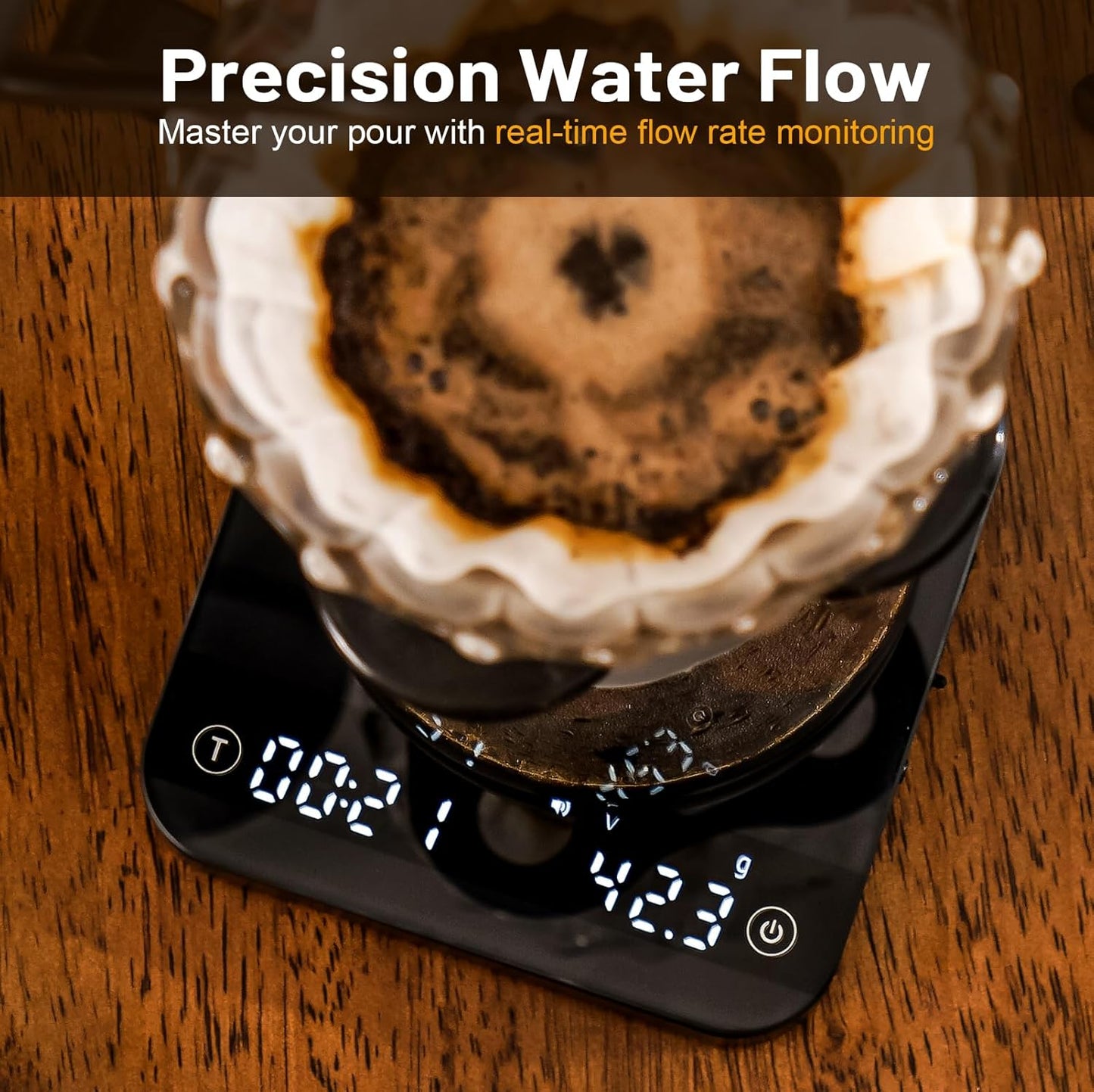 KitchenTour CaféMetric Coffee Scale with Timer 0.1g/2000g - Precision Scale for Espresso & Pour Over - Water Flow Speed Mode and Coffee Powder-to-Liquid Ratio Mode - Rechargeable, LCD Display-Black