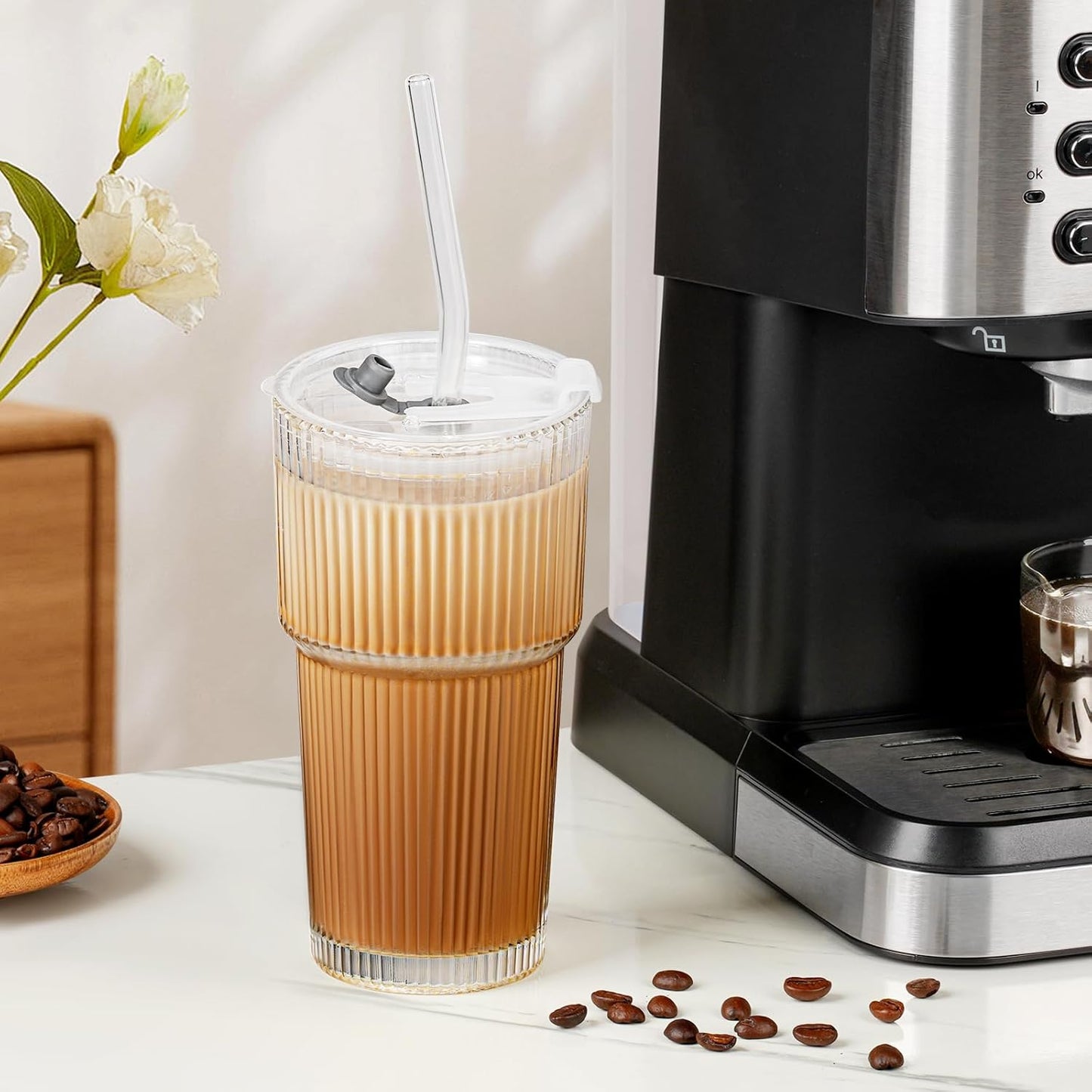 2 Pack 20 Oz Glass Cups with Lids and Straws Iced Coffee Cups Vintage Ribbed Glassware for Beer Ice Coffee Fruit Juice Elegant Aesthetic Cup Glass Iced Coffee Tumbler Include 1 Cleaning Brushes