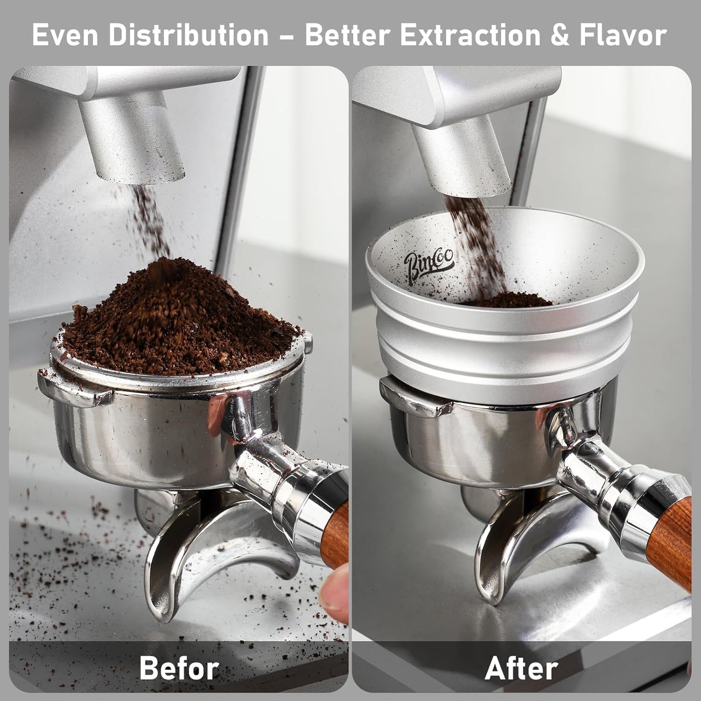 Bincoo Espresso Dosing Funnel 58mm,More Tall Magnetic Aluminum Alloy Portafilter Funnel Ring for Zero Mess Portafilter, Anti-Splash Wide Mouth Coffee Grounds Dosing Tool for Espresso Machine(Silver)