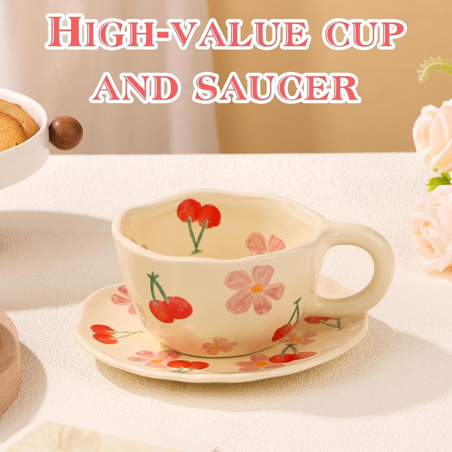 Cappuccino Cups with Saucers 8 oz Latte Art Cup Ceramics Coffee Mugs Irregular Aesthetic Flower Cups for Espresso, Double Shot, Americano, Latte, Tea - Microwave and Dishwasher Safe (Pink Cherry)