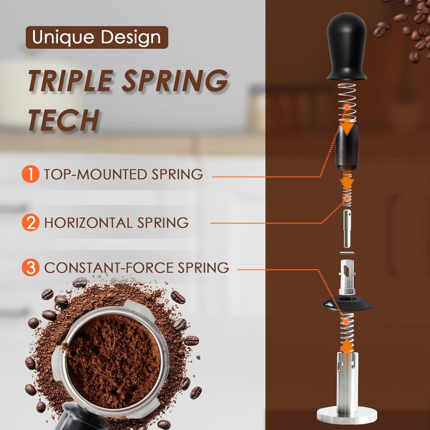51mm Espresso Tamper, Coffee Tamper with Calibrated Spring Loaded,Tamper Tool With Sound Feedback click, Self Leveling Tamper for Barista, Compatible with 51mm De'Longhi Portafilter