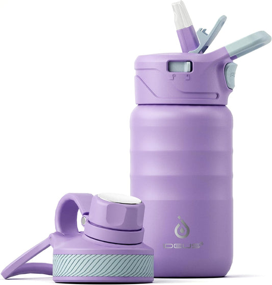 IDEUS Insulated Water Bottle 12oz, Stainless Steel Insulated Water Bottle For School, Insulated Bottles With Straws Leakproof, Vacuum Double Wall Water Bottles For Boys And Girls With 2 Lids, BPA Free
