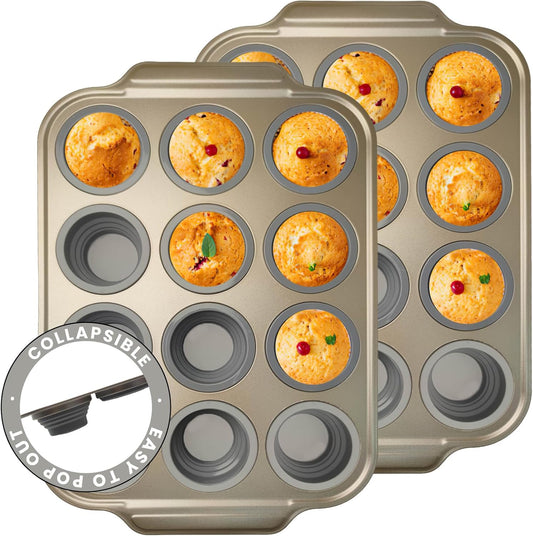2 Pieces Carbon Steel 12 Hole Press Baking Silicone Cake Molds, Cupcake Baking Slices (12 Regular Sizes), Muffin Baking Sheets (Easy to Pop), Oven Safe Nonstick Non-Toxic Baking Pan