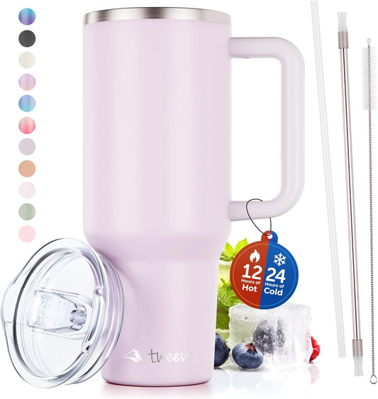 40 oz Tumbler With Handle and Straw Made of Stainless Steel - Double Wall Vacuum Insulated Tumbler With Lid - Sweat Proof Easy Grip, BPA-Free, Dishwasher Safe Tumbler (Orchid)