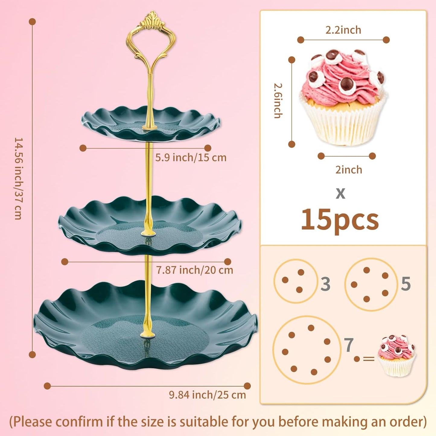 3 Tier Cupcake Stand Holder, Plastic Cup Cake Stand Tower with Tiered Serving Tray for Cupcakes, Donuts, Fruits and More (Green)