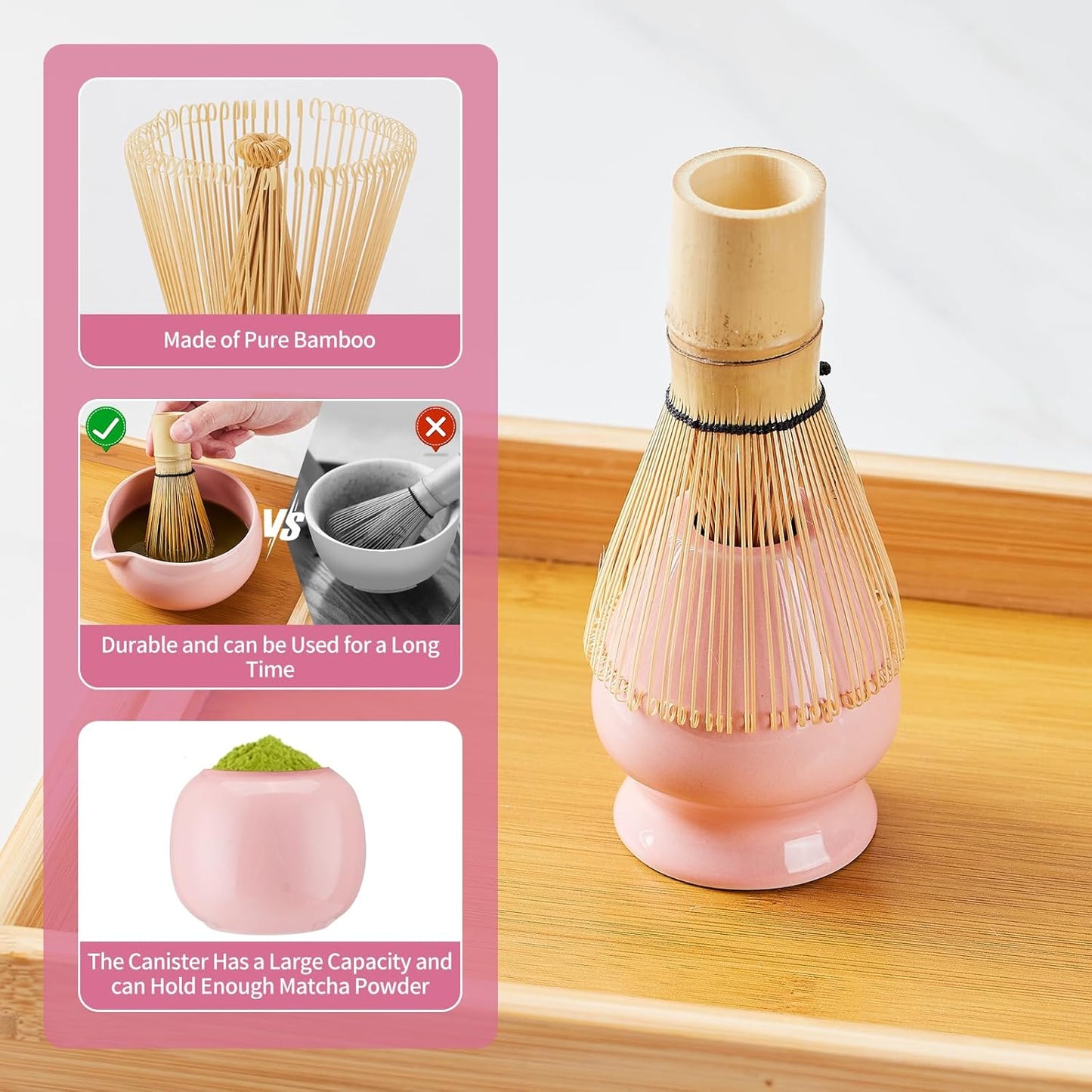 Matcha Whisk Set,9 Pcs Japanese Matcha Set Pink, Matcha Kit with Sifter, Matcha Tea Cloth, Matcha Powder Canister, Electric Rechargeable Frother(Pink)