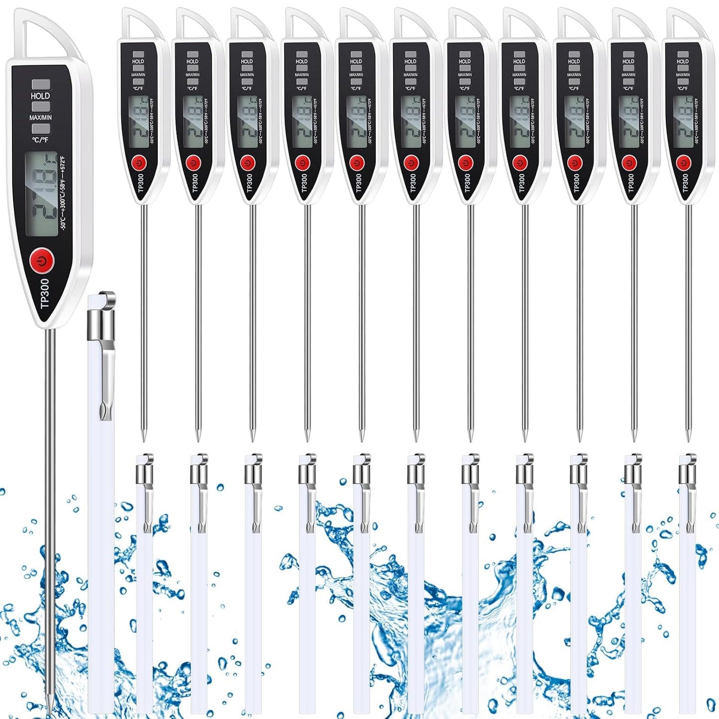 12 Set Waterproof Food Thermometer for Water, Liquid, Candle and Cooking Digital Meat Thermometer with Long Probe Instant Read for Kitchen BBQ Grill Candy (White)