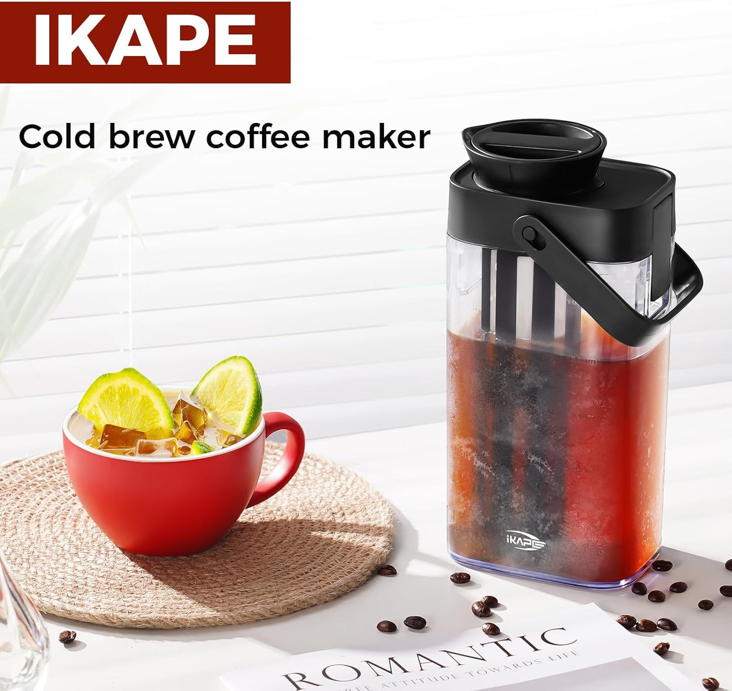IKAPE 33.8oz Cold Brew Coffee Maker with Removable Filter, Leak-proof Spout for Iced Coffee, Tea & Flavored Drinks, Space Saving Tritan Pitcher
